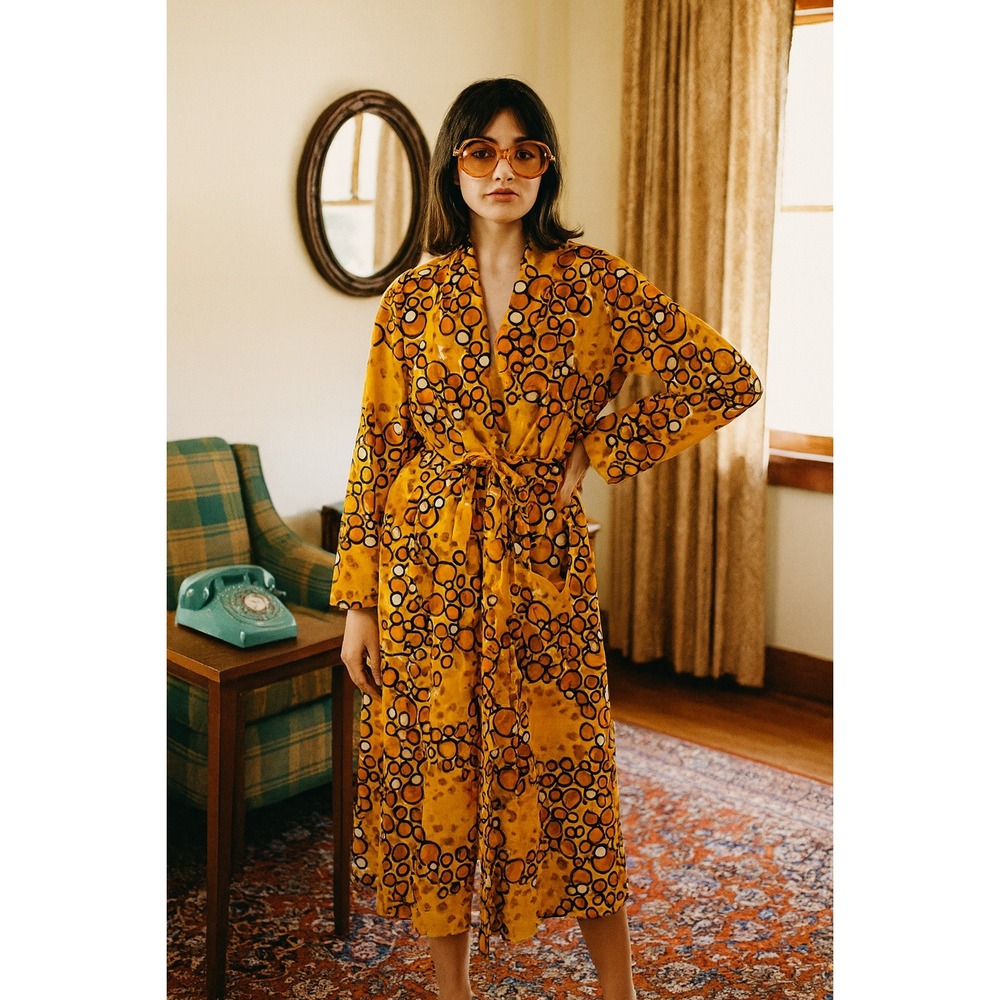 Vintage 60s/70s Youthquake Robe Bohemian Mod Psychedelic Belted Yellow Medium‎